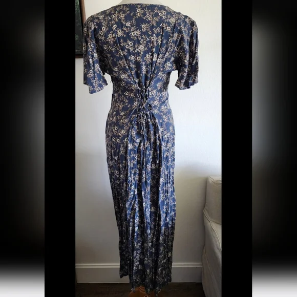 #81 Vintage All That Jazz Women's 90s Retro Blue Floral Maxi Long Dress Size M - Picture 6 of 8